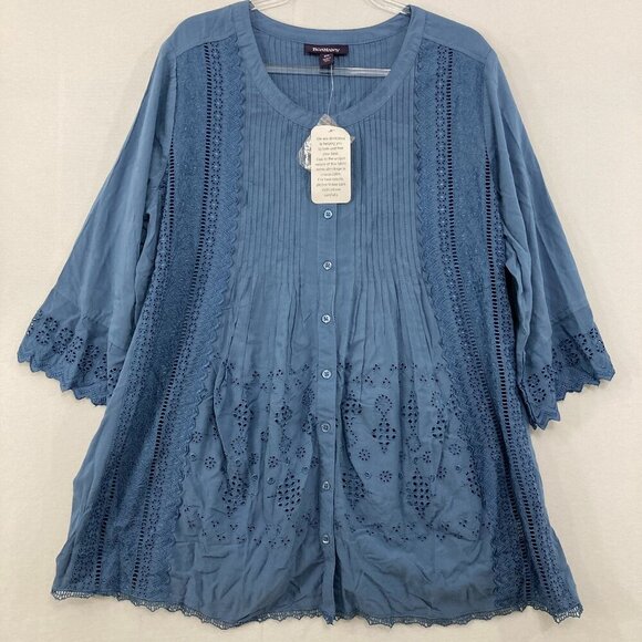 Roaman's Tops - New Roaman's  size 18W Blue Embroidered Pintuck 3/4 Sleeve Boho Button Down